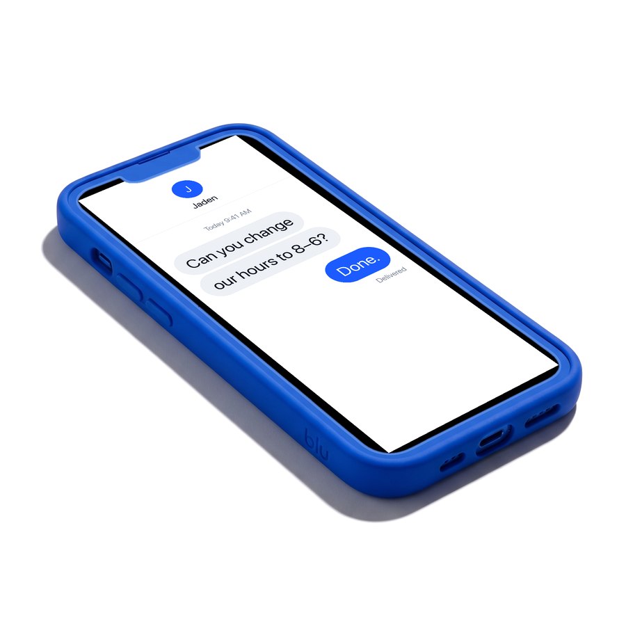 Blue silicone phone with a text asking to change business hours, answered Done